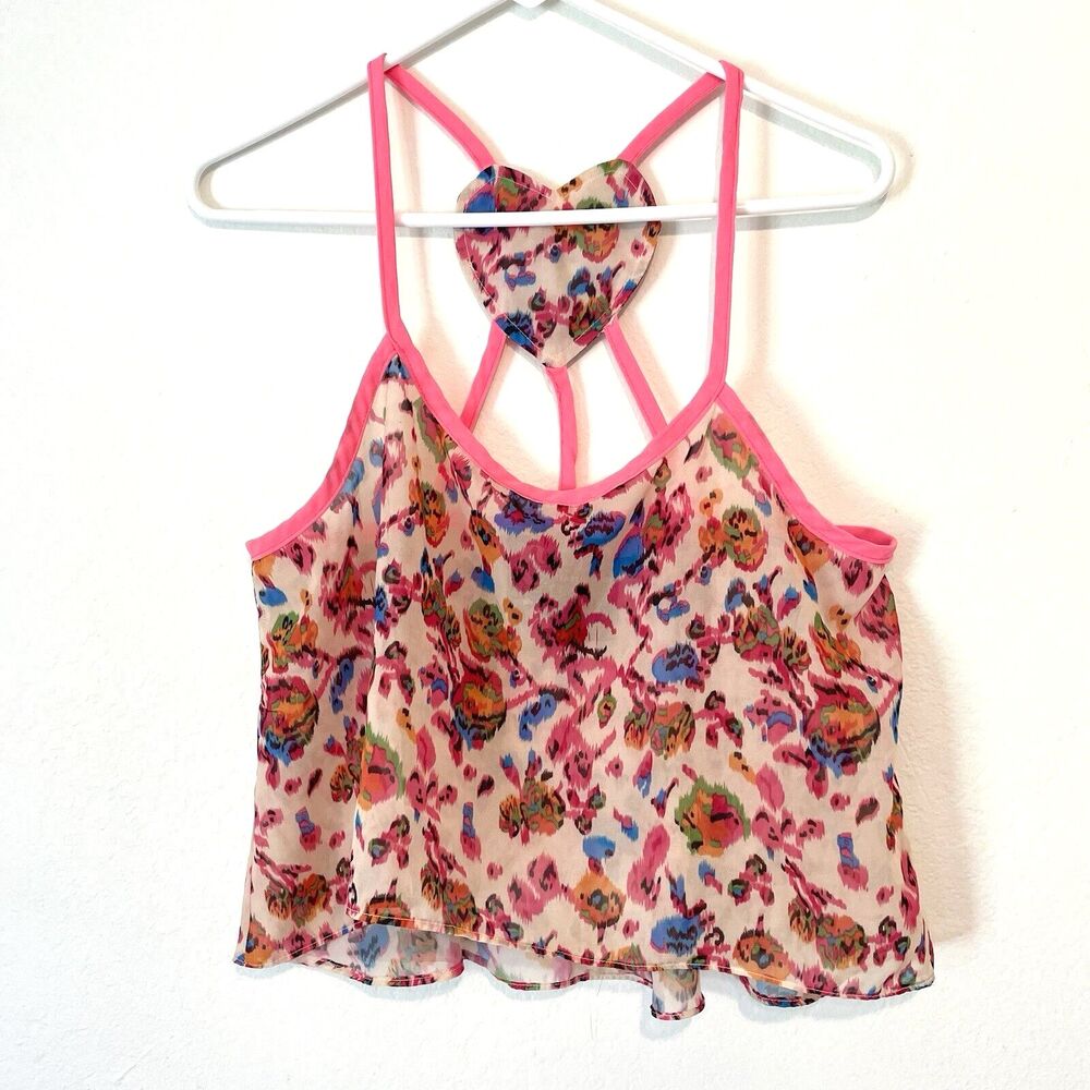 Chandelier Tank Crop Top M Pink Heart Back Floral Abstract Multicolor‎ Y2K LF